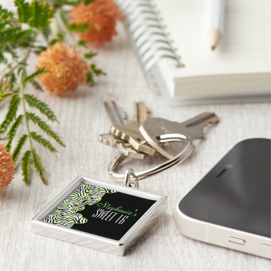 Stijlvolle Groene Zoete 16 Zebra Hart Ontwerp Naam Sleutelhanger (Zijkant)