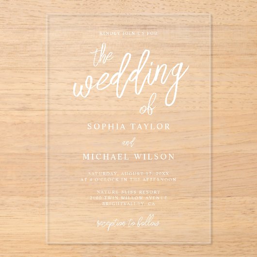 Stijlvolle hedendaagse script witte bruiloft acryl uitnodigingen (Voorkant)