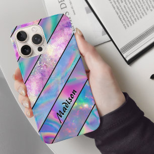 Stijlvolle holografische chique blauw roze gestree iPhone 16 pro hoesje