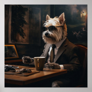 Stijlvolle Hond in een Kostuum Drink Koffie Poster