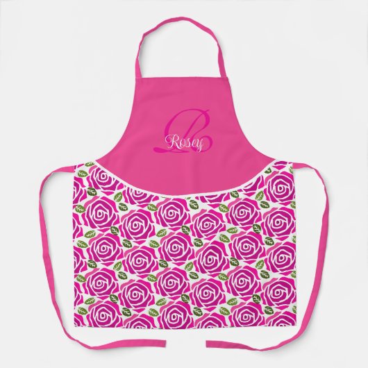 Stijlvolle initiële naam Hot Pink Magenta Rozen Cu Schort (Voorkant)