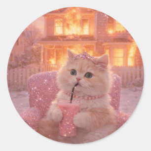 Stijlvolle kat in roze hakken en pluizige glamour ronde sticker
