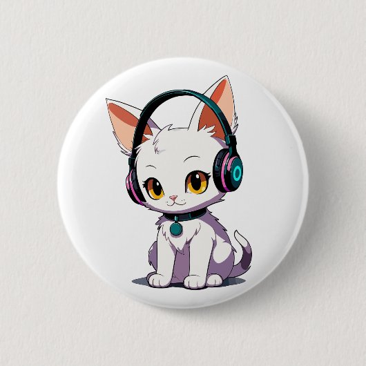 Stijlvolle kat met koptelefoon ronde button 5,7 cm (Voorkant)
