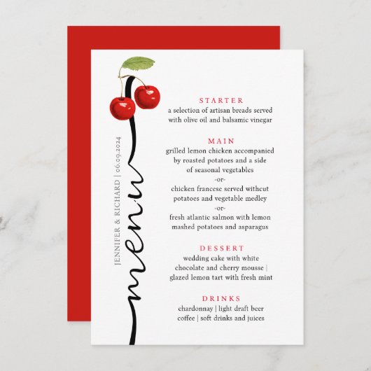Stijlvolle kersen rood wit rustiek fruit bruiloft menu (Voorkant / Achterkant)
