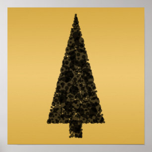 Stijlvolle kerstboom. Zwart en goud. Poster