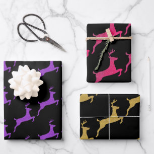 Stijlvolle kerstkleuren Glitter rendier op zwart Inpakpapier Vel