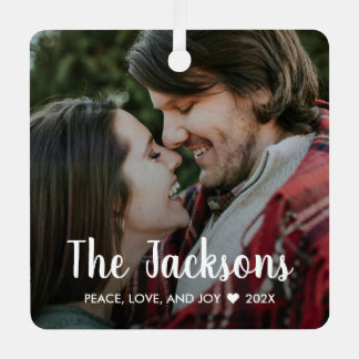 Stijlvolle Kerstmis Minimal Rustic paar foto Metalen Ornament