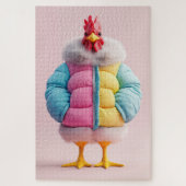 Stijlvolle Kip in Kleurrijke Winter Puffer Jas Legpuzzel (Verticaal)