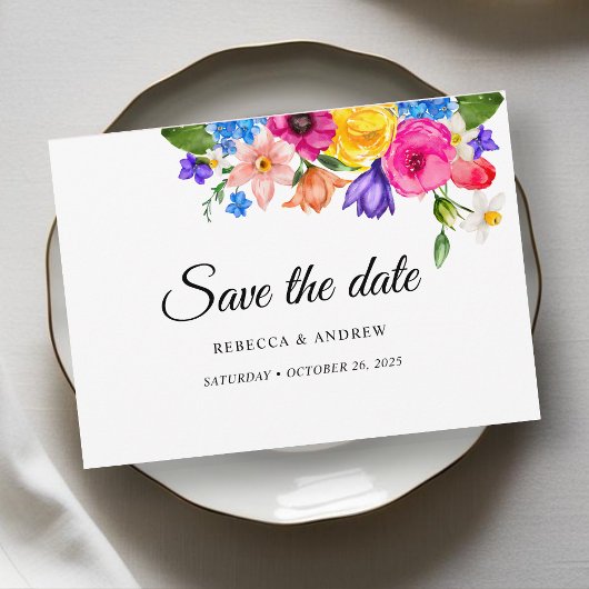 Stijlvolle kleurrijke wilde bloemen bruiloft save the date