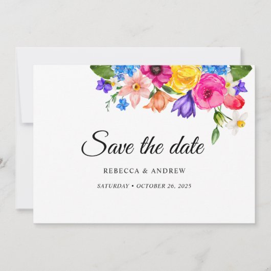 Stijlvolle kleurrijke wilde bloemen bruiloft save the date (Voorkant)
