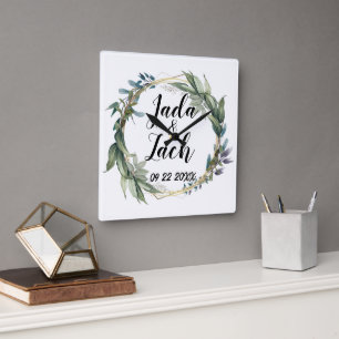 Stijlvolle Leafy Wreath Wedding Vierkante Klok