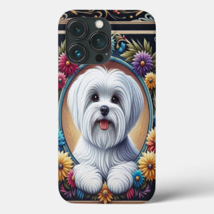 Stijlvolle Maltese Hond Bloemen Kleurrijke Rand iPhone 13 Pro Hoesje