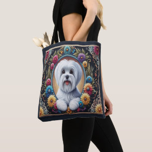 Stijlvolle Maltese Hond Bloemen Kleurrijke Rand Draagtas