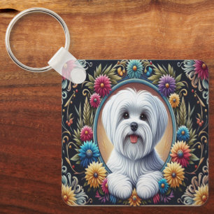 Stijlvolle Maltese Hond Bloemen Kleurrijke Rand Sleutelhanger