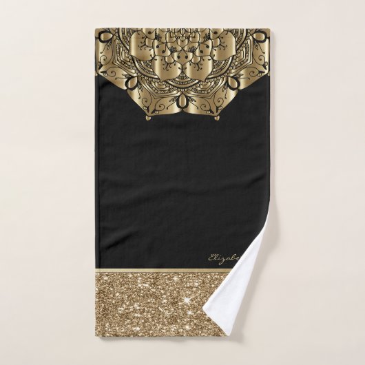 Stijlvolle Mandala Black, Gold Stripes Glitter Bad Handdoek (Handdoek)