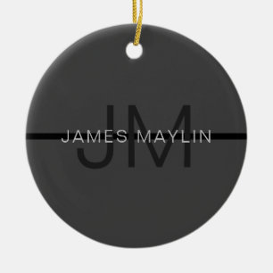 Stijlvolle mannelijke donkergrijze naam & monogram keramisch ornament