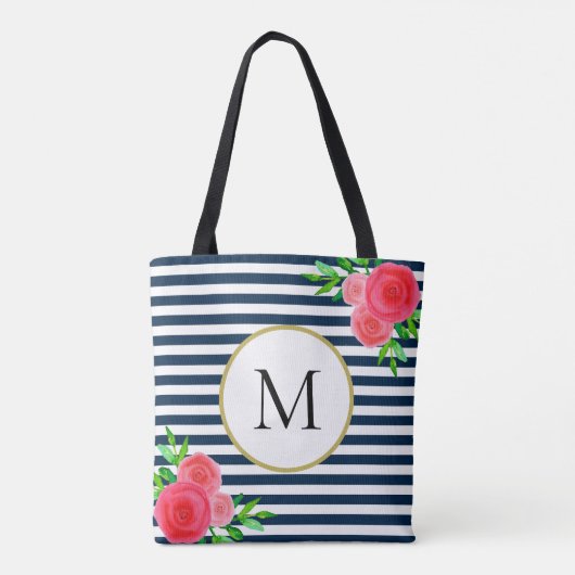 Stijlvolle marine wit gestreepte koraal bloemmonog draagtas (Achterkant)