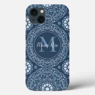 Stijlvolle marineblauw Mandala Modern Monogram iPhone 13 Hoesje