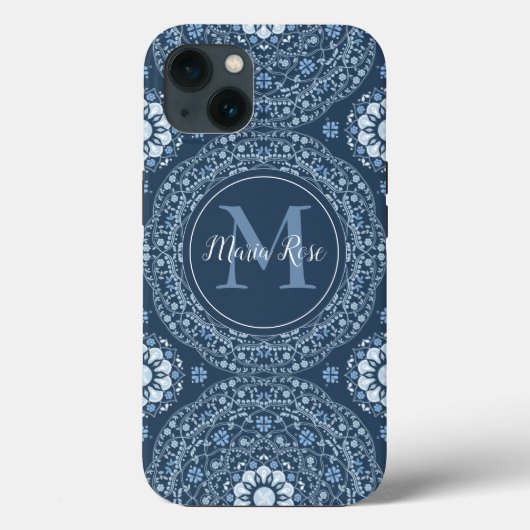 Stijlvolle marineblauw Mandala Modern Monogram Case-Mate iPhone Case (Achterkant)