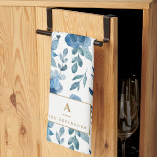 Stijlvolle marineblauw Waterverf bloemen monogram Theedoek