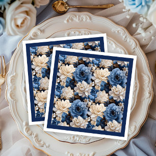 Stijlvolle marineblauw witte ivoorkleurige bloemde servet