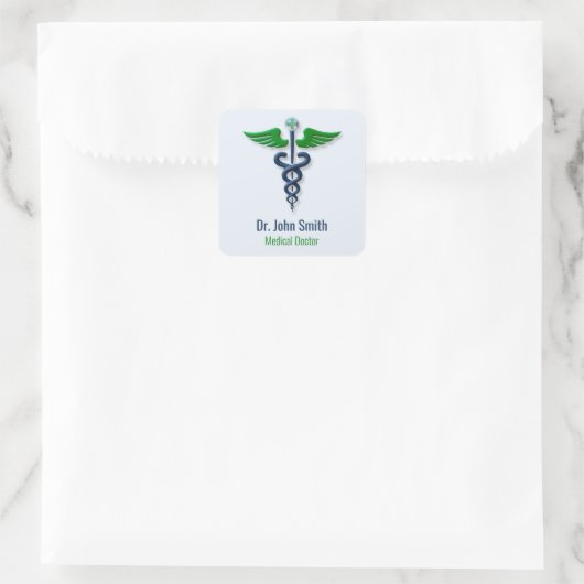 Stijlvolle Medische Caduceus Groene Vleugels Blauw Vierkante Sticker (Tas)