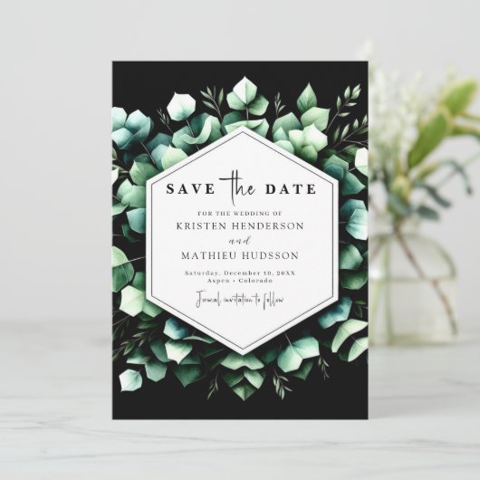 Stijlvolle minimale eucalyptus digitale bruiloft save the date (Staand voorkant)