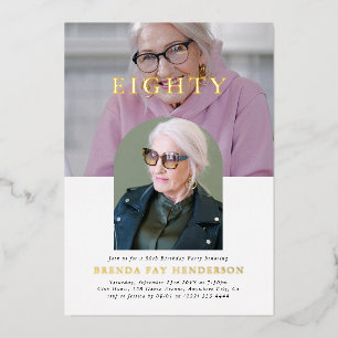 Stijlvolle minimale foto 80ste verjaardag folie uitnodiging