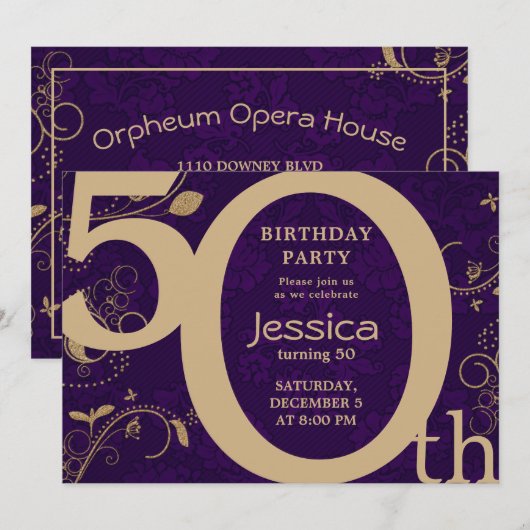 Stijlvolle Modern Gold en Paarse Verjaardagsuitnod Kaart (Voorkant / Achterkant)