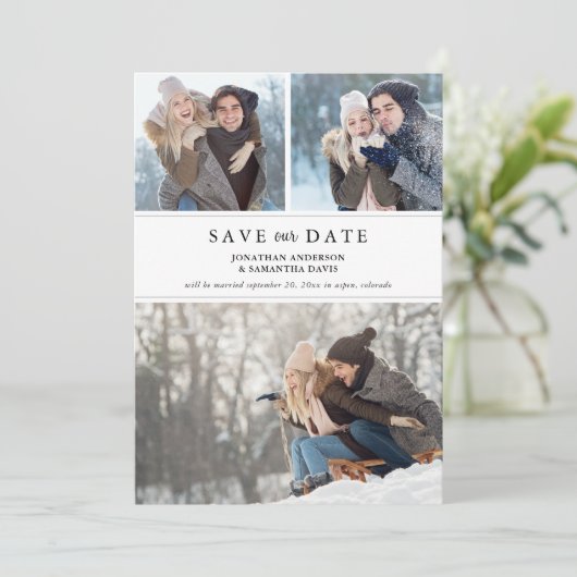 Stijlvolle moderne fotocollage Sla onze datum op Save The Date (Staand voorkant)