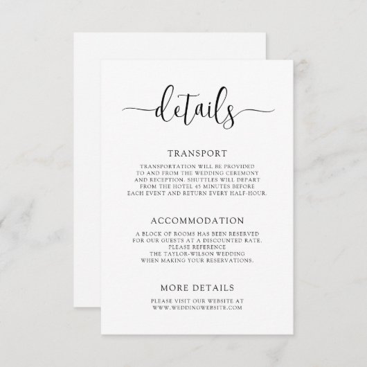 Stijlvolle moderne kalligrafie bruiloft details informatiekaartje (Voorkant / Achterkant)