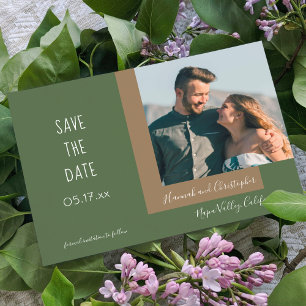 Stijlvolle moderne olijfgroene foto eenvoudige bru save the date
