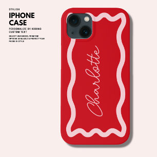 Stijlvolle Moderne Roze en Rode Monogram Retro Wav iPhone 13 Hoesje