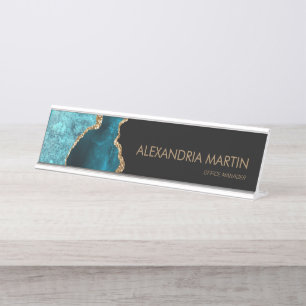 Stijlvolle moderne turquoise zwart goud glitters bureau naambordje