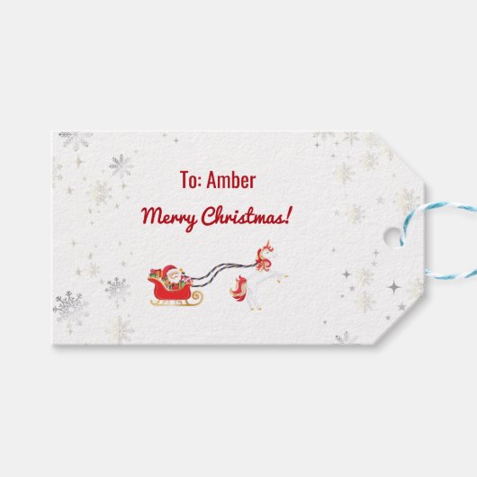 Stijlvolle moderne Unicorn Santa Snow Name Script- Cadeaulabel (Voorkant (Horizontaal))
