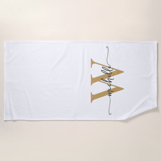 Stijlvolle moderne witte gouden monogram naam scri strandlaken (Voorkant)