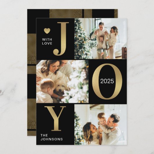Stijlvolle moderne zwarte fotocollage Joy Christma Feestdagenkaart (Voorkant / Achterkant)