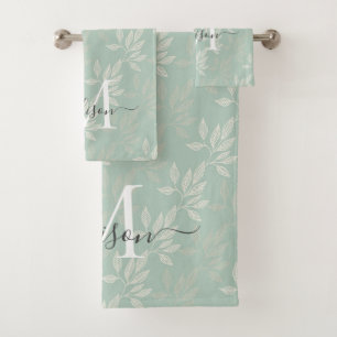Stijlvolle Monogram Blauwgroen Botanische Bladeren Bad Handdoek