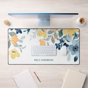 Stijlvolle Monogram Geel & Blauw Waterverf bloemig Bureaumat