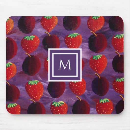 Stijlvolle Monogram Initiaal Pruimen en Aardbeien Muismat (Voorkant)