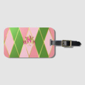 Stijlvolle Monogrammed Roze en Groene Argyle Bagagelabel (Voorkant (horizontaal))