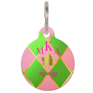 Stijlvolle Monogrammed Roze en Groene Argyle Huisdierpenning