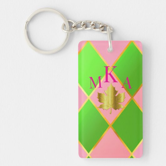 Stijlvolle Monogrammed Roze en Groene Argyle Sleutelhanger (Voorkant)