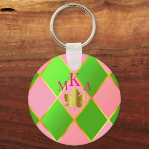 Stijlvolle Monogrammed Roze en Groene Argyle Sleutelhanger