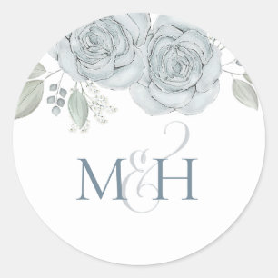 Stijlvolle mosterd Blauwe Floral Eenvoudige monogr Ronde Sticker