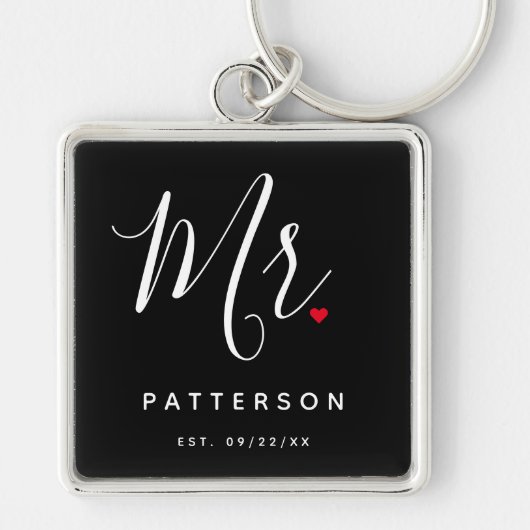 Stijlvolle Mr Custom Last Name & Date Wedding Sleutelhanger (Voorkant)