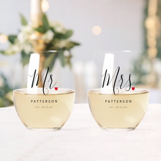 Stijlvolle Mr & Mrs Custom Achternaam & Datum Huwe Wijnglas Zonder Voet (Insitu (Huwelijk))