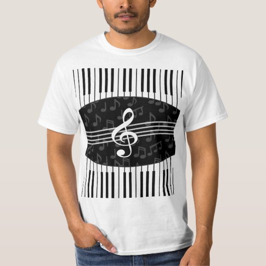 Stijlvolle Muzieknoten Treble Clef en Piano Keys T-shirt (Voorkant)