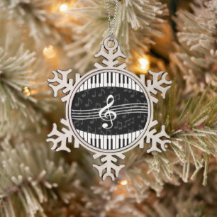 Stijlvolle Muzieknoten Treble Clef en Piano Keys Tin Sneeuwvlok Ornament