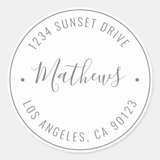 Stijlvolle naam en cirkeltekst | Grijs en wit Ronde Sticker (Voorkant)